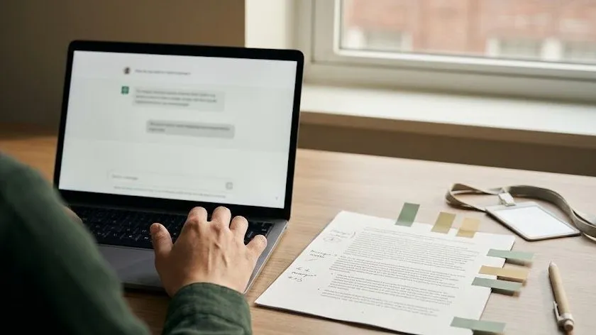 A person types on a laptop showing a chat interface, beside a printed policy document with colored sticky tabs and an ID badge on a lanyard.