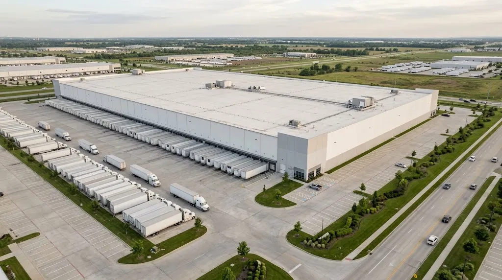 Aerial view of a large cold storage distribution center, with semi-truck trailers parked at the loading docks.