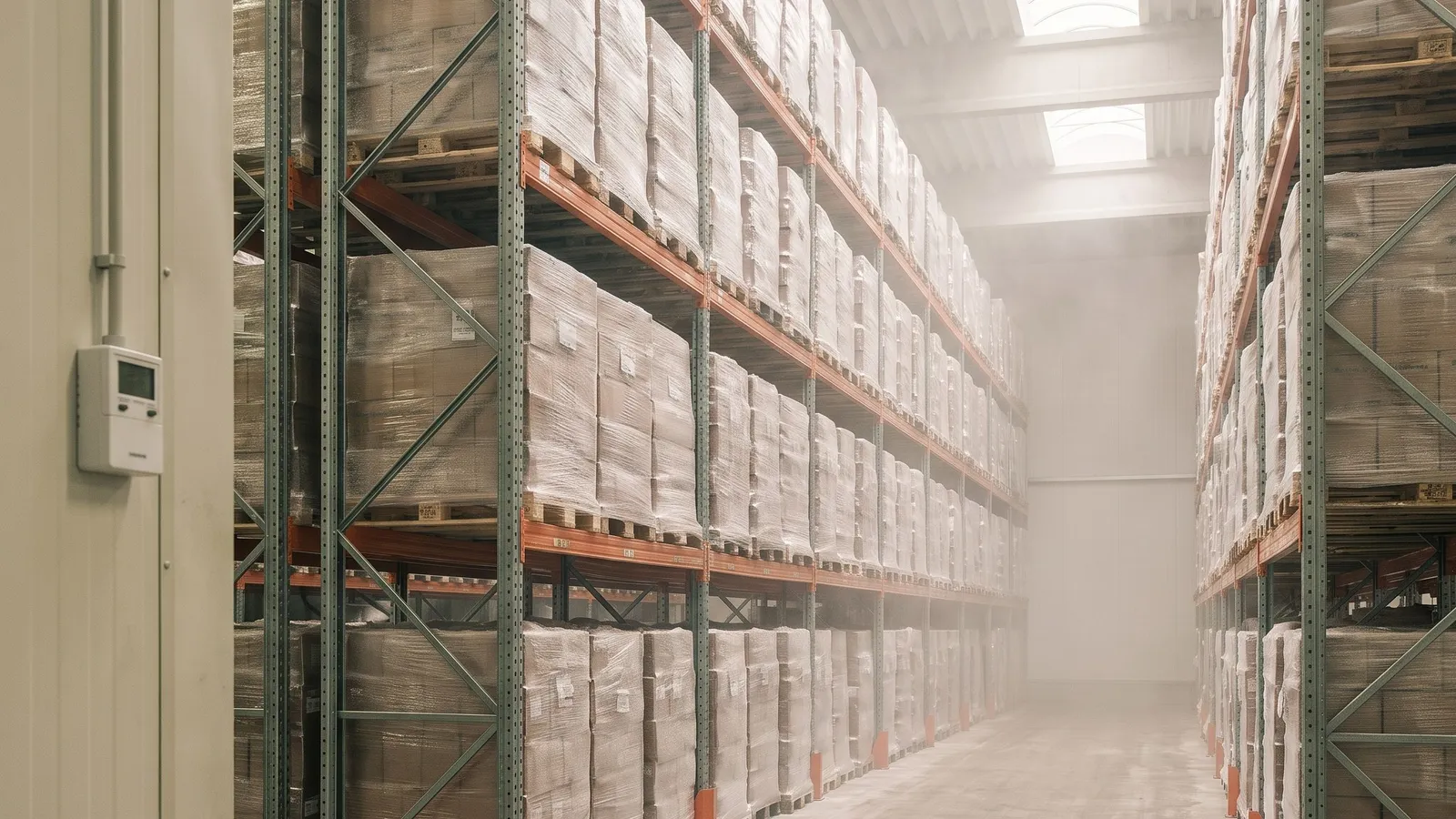 Inside a cold storage warehouse: tall racks of wrapped pallets in a hazy aisle, with a temperature sensor mounted on the wall in the foreground.